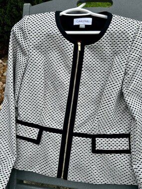 Calvin Klein Black & White Textured Blazer Size 6 Silver Zip New With Tags